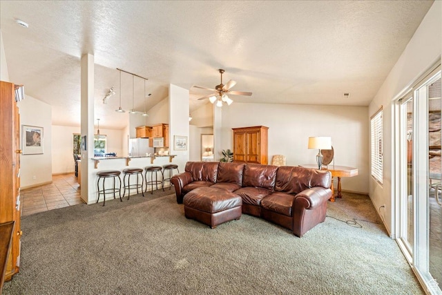 1173 W Snow Canyon Pkwy Unit 30, St George, UT 84770 - living room featuring light carpet, lofted ceiling, a textured ceiling, ceiling fan, and baseboards