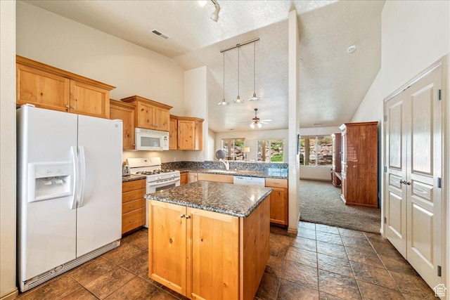 1173 W Snow Canyon Pkwy Unit 30, St George, UT 84770 - kitchen featuring white appliances, a kitchen island, rail lighting, a peninsula, and ceiling fan