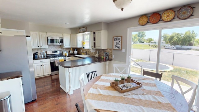 540 E 990 N, Pleasant Grove, UT 84062 - kitchen with stainless steel appliances, dark countertops, a peninsula, backsplash, and white cabinets