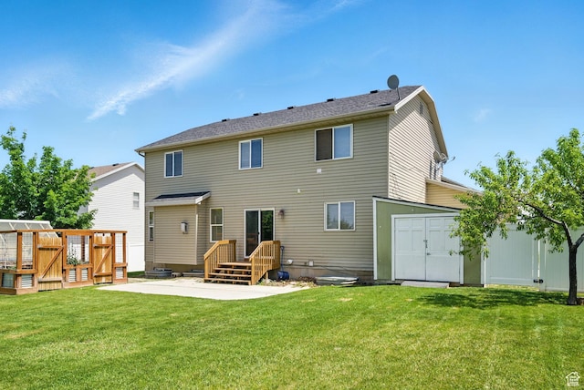 13708 S Manas Ct, Herriman, UT 84096 - rear view of property featuring a patio, a yard, and an outdoor structure