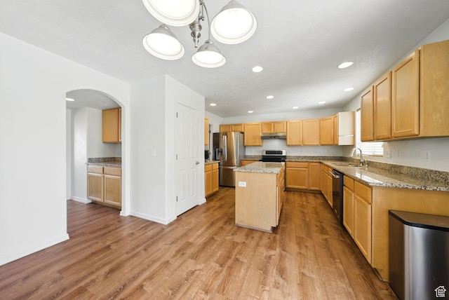 13708 S Manas Ct, Herriman, UT 84096 - kitchen with appliances with stainless steel finishes, under cabinet range hood, light wood-type flooring, a center island, and arched walkways