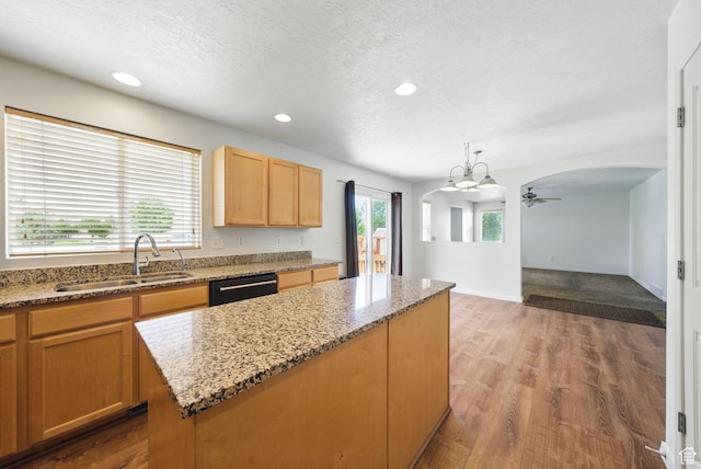 13708 S Manas Ct, Herriman, UT 84096 - kitchen featuring a sink, dishwashing machine, a ceiling fan, wood finished floors, and arched walkways