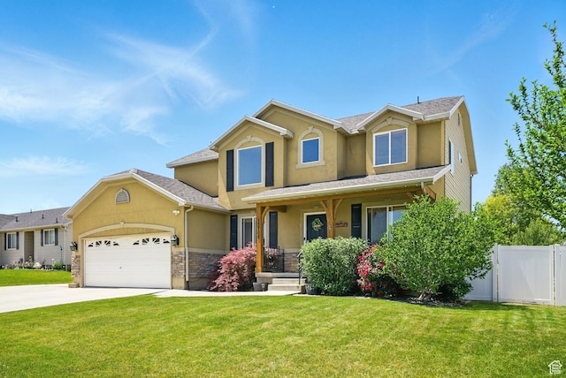 13708 S Manas Ct, Herriman, UT 84096 - traditional home with stucco siding, an attached garage, covered porch, driveway, and stone siding