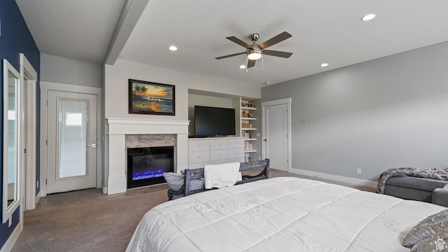 225 W 1390 N, Orem, UT 84057 - bedroom featuring carpet, recessed lighting, a glass covered fireplace, baseboards, and a ceiling fan
