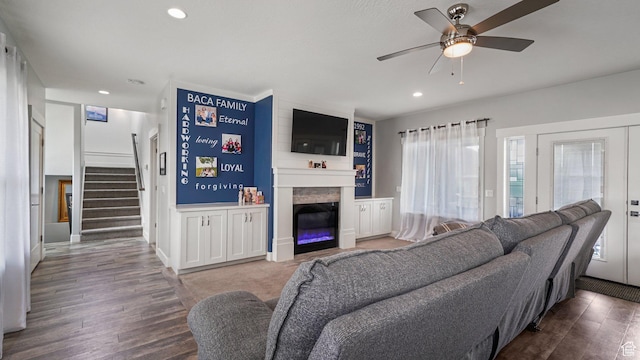 225 W 1390 N, Orem, UT 84057 - living room with stairway, ceiling fan, wood finished floors, a large fireplace, and recessed lighting