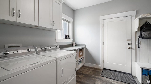 225 W 1390 N, Orem, UT 84057 - washroom featuring cabinet space, washing machine and clothes dryer, dark wood-style flooring, and baseboards