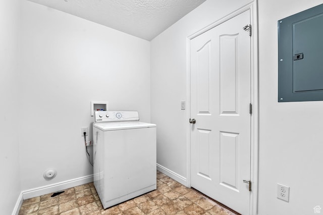 4699 W Greensand Dr S, West Jordan, UT 84084 - laundry area featuring washer / clothes dryer, electric panel, baseboards, stone finish flooring, and a textured ceiling