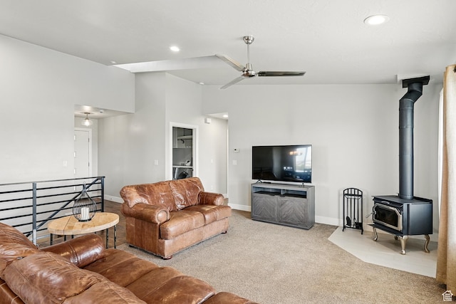 48 S Cimarron Cir, Cedar City, UT 84720 - carpeted living room featuring a wood stove, baseboards, a ceiling fan, recessed lighting, and washer / clothes dryer