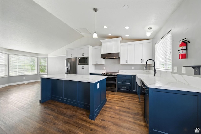 1826 N 2600 W, Lehi, UT 84043 - kitchen featuring appliances with stainless steel finishes, blue cabinetry, lofted ceiling, range hood, and dark wood-type flooring