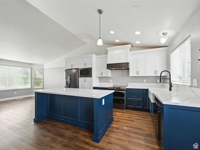 1826 N 2600 W, Lehi, UT 84043 - kitchen featuring appliances with stainless steel finishes, blue cabinetry, under cabinet range hood, vaulted ceiling, and dark wood-type flooring