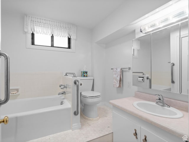 9751 S Garnet Dr, Sandy, UT 84094 - bathroom featuring vanity, a bath, toilet, tile patterned flooring, and baseboards
