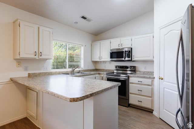 710 S Indian Hills Dr # 64, St George, UT 84770 - kitchen with appliances with stainless steel finishes, a sink, a peninsula, lofted ceiling, and light wood-style floors