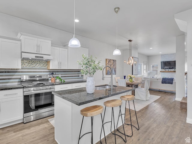 3877 S 1655 W, West Valley City, UT 84119 - kitchen featuring stainless steel range with gas cooktop, under cabinet range hood, a sink, backsplash, and white cabinetry