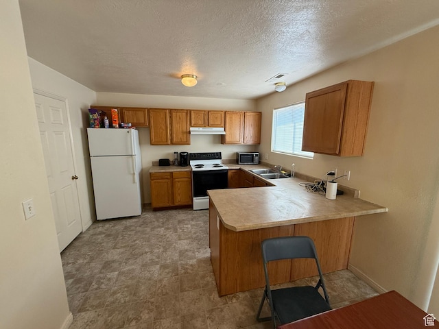 1087 N 1800th Cir W, St George, UT 84770 - kitchen featuring white appliances, a sink, brown cabinets, a peninsula, and light countertops