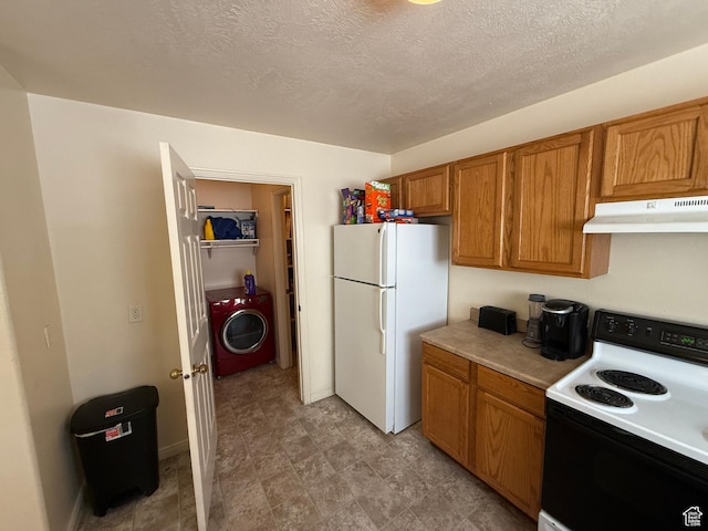 1087 N 1800th Cir W, St George, UT 84770 - kitchen featuring white appliances, under cabinet range hood, washer / dryer, brown cabinetry, and light countertops