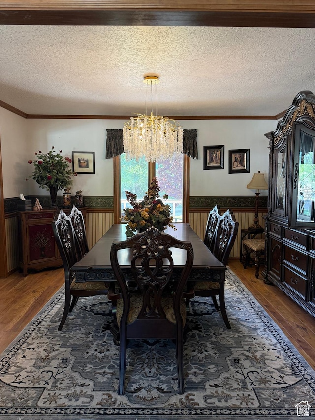 580 S Stagecoach Dr, Brookside, UT 84782 - dining space featuring a chandelier, wainscoting, a textured ceiling, ornamental molding, and wood finished floors