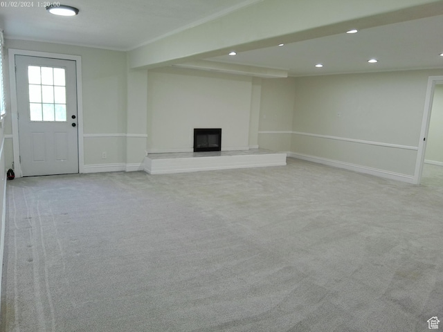 919 E Millbrook Way, Bountiful, UT 84010 - unfurnished living room featuring light carpet, a fireplace with raised hearth, recessed lighting, and baseboards