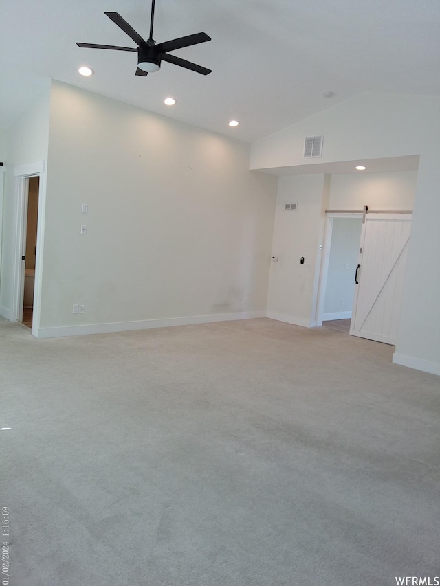 919 E Millbrook Way, Bountiful, UT 84010 - unfurnished room featuring light colored carpet, a ceiling fan, lofted ceiling, recessed lighting, and a barn door