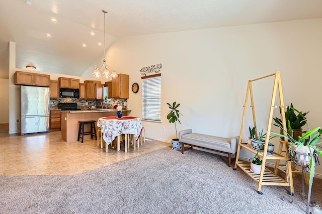 4628 N Long Way, Eagle Mountain, UT 84005 - dining space with a chandelier, light carpet, baseboards, high vaulted ceiling, and light tile patterned floors