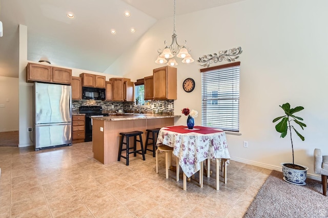 4628 N Long Way, Eagle Mountain, UT 84005 - dining area with high vaulted ceiling, a chandelier, light tile patterned floors, recessed lighting, and baseboards
