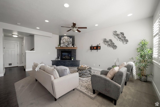 2185 W Crestview Dr, Lehi, UT 84043 - living area featuring baseboards, a ceiling fan, recessed lighting, a fireplace, and wood finished floors