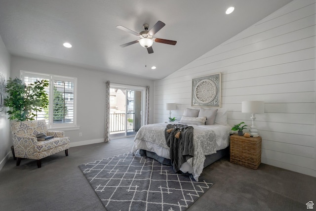 2185 W Crestview Dr, Lehi, UT 84043 - carpeted bedroom featuring vaulted ceiling, access to outside, recessed lighting, ceiling fan, and baseboards