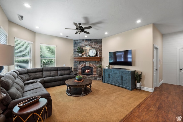 8149 S 2425 E, South Weber, UT 84405 - living room featuring ceiling fan, recessed lighting, a fireplace, and wood finished floors