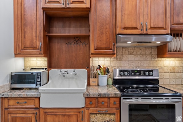 8149 S 2425 E, South Weber, UT 84405 - kitchen featuring stainless steel range with electric stovetop, under cabinet range hood, decorative backsplash, and open shelves