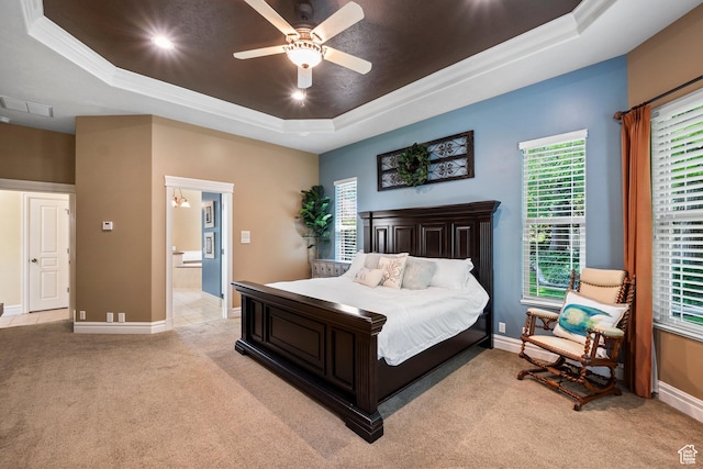 8149 S 2425 E, South Weber, UT 84405 - bedroom featuring a raised ceiling, light colored carpet, crown molding, ensuite bath, and ceiling fan