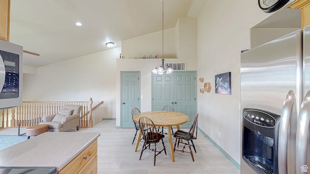 2515 W 450 S Unit 7, Springville, UT 84663 - dining room featuring a chandelier, baseboards, lofted ceiling, and recessed lighting