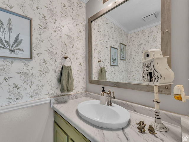 6386 S Lombardy Dr, Cottonwood Heights, UT 84121 - bathroom featuring wallpapered walls, vanity, and crown molding