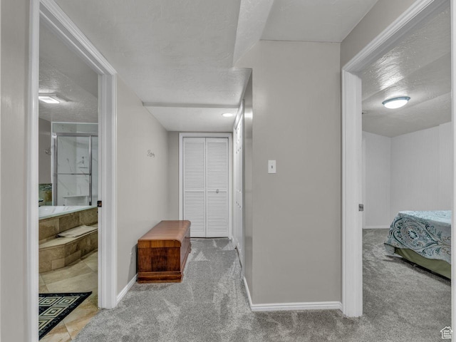 6386 S Lombardy Dr, Cottonwood Heights, UT 84121 - hall with carpet, baseboards, and a textured ceiling
