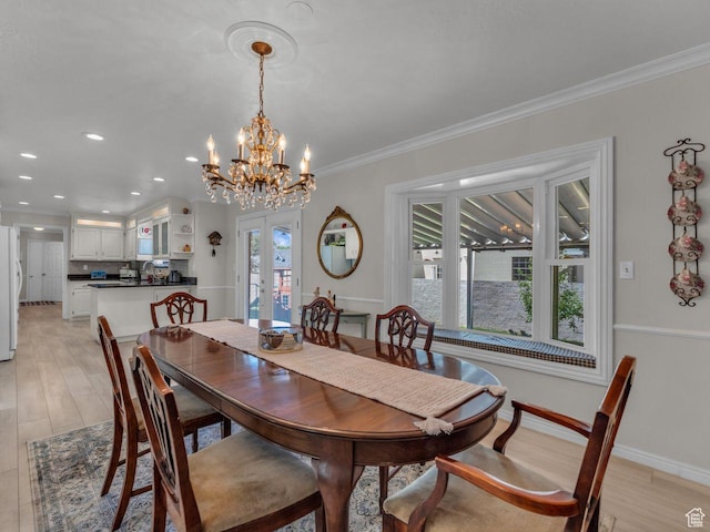 6386 S Lombardy Dr, Cottonwood Heights, UT 84121 - dining space with french doors, a chandelier, light wood-style floors, recessed lighting, and crown molding