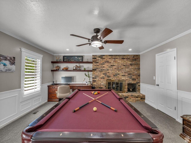 6386 S Lombardy Dr, Cottonwood Heights, UT 84121 - playroom featuring carpet floors, billiards, wainscoting, ceiling fan, and ornamental molding