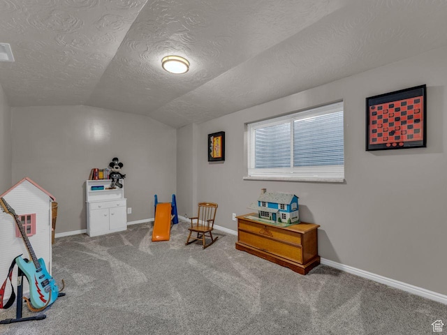 6386 S Lombardy Dr, Cottonwood Heights, UT 84121 - living area featuring lofted ceiling, a textured ceiling, carpet floors, and baseboards