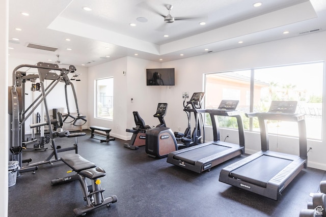 266 N 2020 W # 74, Hurricane, UT 84737 - workout area with recessed lighting, ceiling fan, baseboards, and a tray ceiling