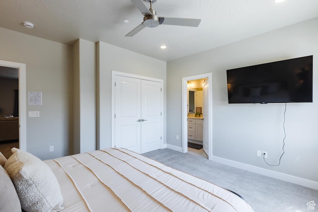 266 N 2020 W # 74, Hurricane, UT 84737 - bedroom with light carpet, baseboards, recessed lighting, a closet, and a ceiling fan
