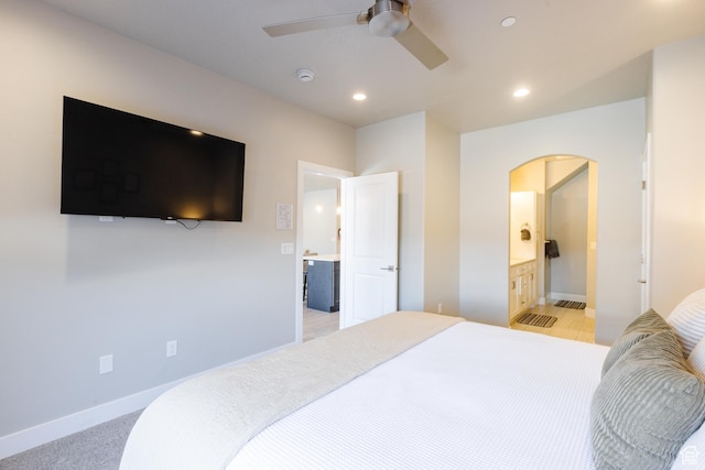 266 N 2020 W # 74, Hurricane, UT 84737 - bedroom featuring arched walkways, recessed lighting, baseboards, connected bathroom, and a ceiling fan