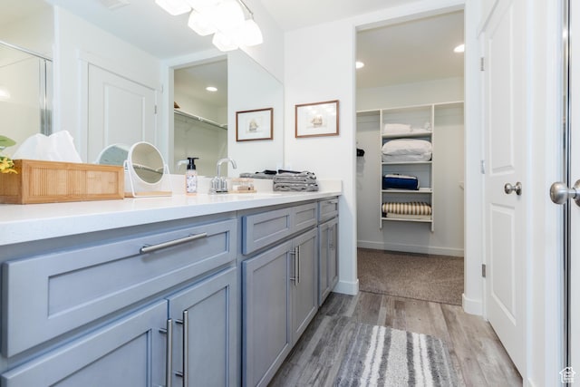 356 W Oregon Trail Dr Unit 100, Garden City, UT 84028 - bathroom featuring vanity, a spacious closet, wood finished floors, recessed lighting, and baseboards