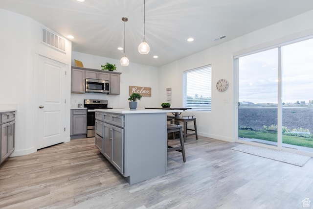 356 W Oregon Trail Dr Unit 100, Garden City, UT 84028 - kitchen featuring appliances with stainless steel finishes, gray cabinets, light wood finished floors, a breakfast bar, and recessed lighting