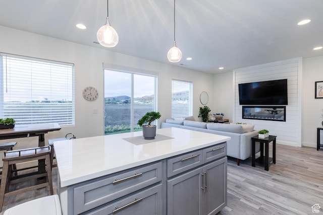 356 W Oregon Trail Dr Unit 100, Garden City, UT 84028 - kitchen with gray cabinets, recessed lighting, hanging light fixtures, light countertops, and light wood-type flooring