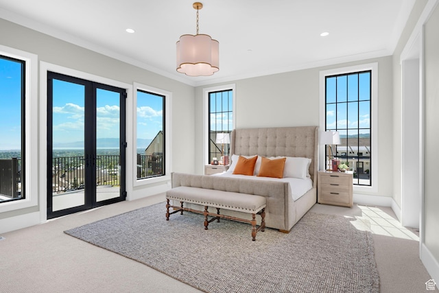 3851 W Box Elder Cir, Alpine, UT 84004 - carpeted bedroom featuring access to exterior, crown molding, and recessed lighting
