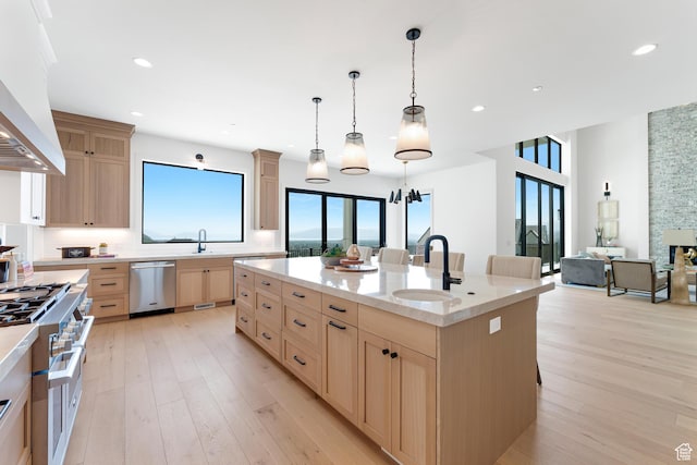 3851 W Box Elder Cir, Alpine, UT 84004 - kitchen featuring appliances with stainless steel finishes, light brown cabinets, a sink, and recessed lighting