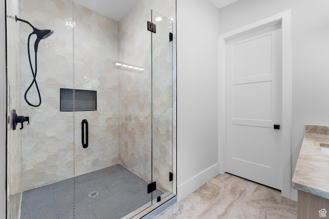 3851 W Box Elder Cir, Alpine, UT 84004 - full bathroom with a stall shower, vanity, and marble finish floors