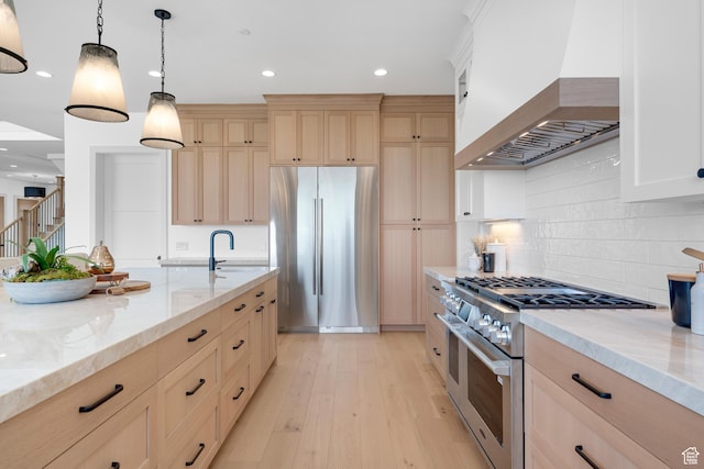 3851 W Box Elder Cir, Alpine, UT 84004 - kitchen featuring stainless steel appliances, custom range hood, light brown cabinetry, tasteful backsplash, and light stone counters