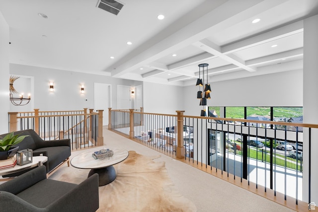 3851 W Box Elder Cir, Alpine, UT 84004 - living area with a chandelier, beamed ceiling, recessed lighting, carpet flooring, and coffered ceiling