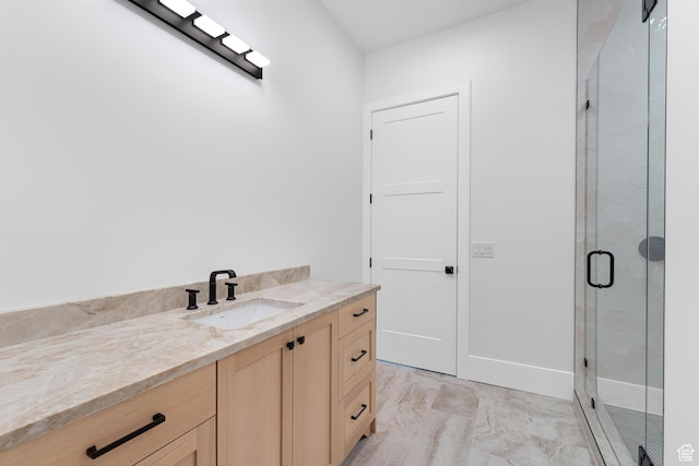 3851 W Box Elder Cir, Alpine, UT 84004 - bathroom with vanity, a stall shower, and marble finish floors