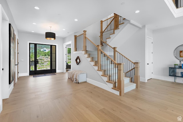 3851 W Box Elder Cir, Alpine, UT 84004 - entrance foyer with light wood-type flooring, stairway, and recessed lighting