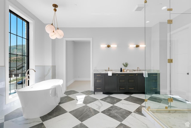 3851 W Box Elder Cir, Alpine, UT 84004 - full bathroom with double vanity, a soaking tub, and a stall shower