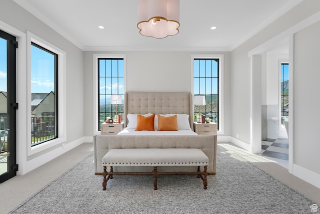 3851 W Box Elder Cir, Alpine, UT 84004 - carpeted bedroom featuring multiple windows, baseboards, ornamental molding, and recessed lighting